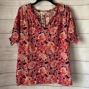 FatFace Indigo Blue Batik Floral Top Ruffle Neck Smocked Cuffs Size 10